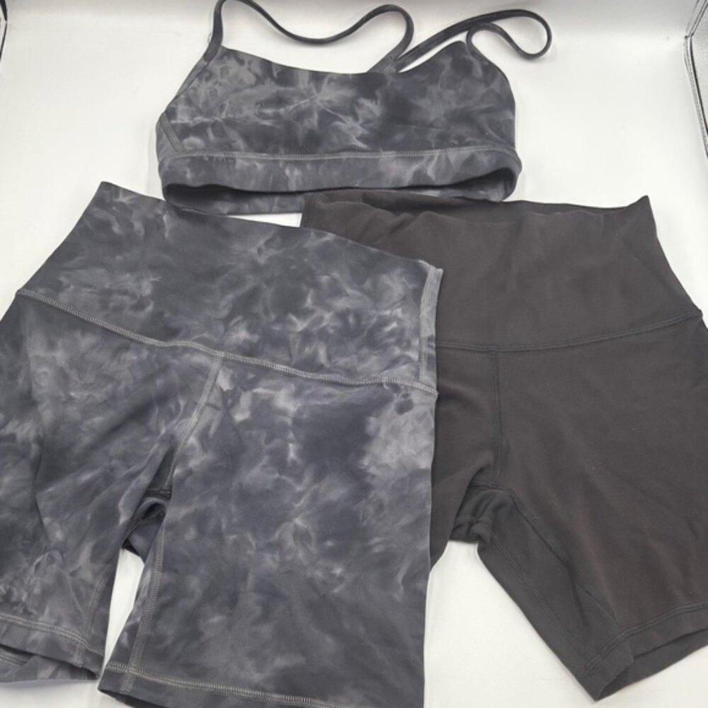 Lululemon Athletica bundle Charcoal black Tie-Dye Sports Set and black shorts
